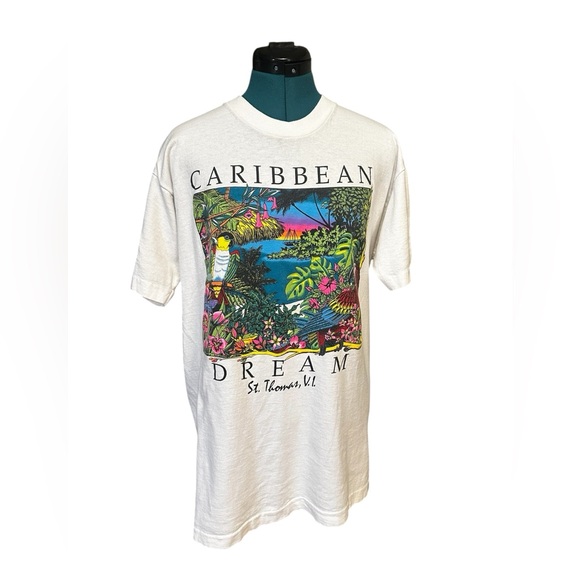 Vintage 90s Caribbean Dream St Thomas VI Tropical Birds Forest T Shirt Large Tee - Picture 1 of 9